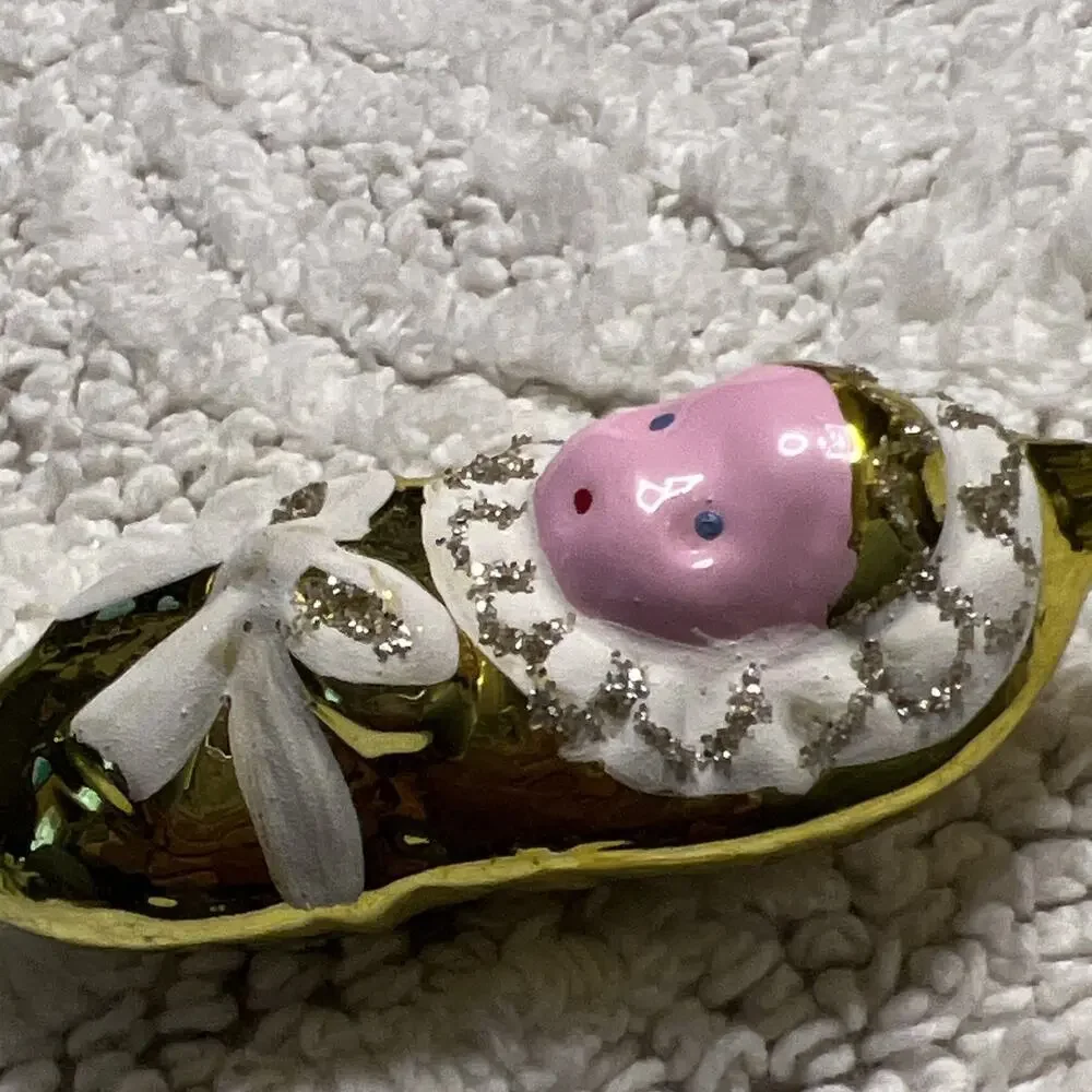 Vintage Hand Blown Glass Baby Swaddled in Blanket Bow Gold Christmas Ornament